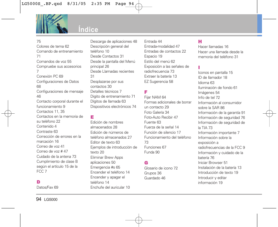 Índice | LG 5000 User Manual | Page 189 / 191