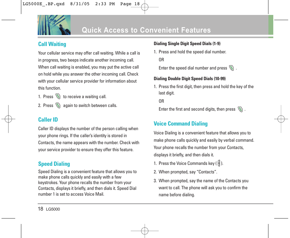 Quick access to convenient features | LG 5000 User Manual | Page 19 / 191