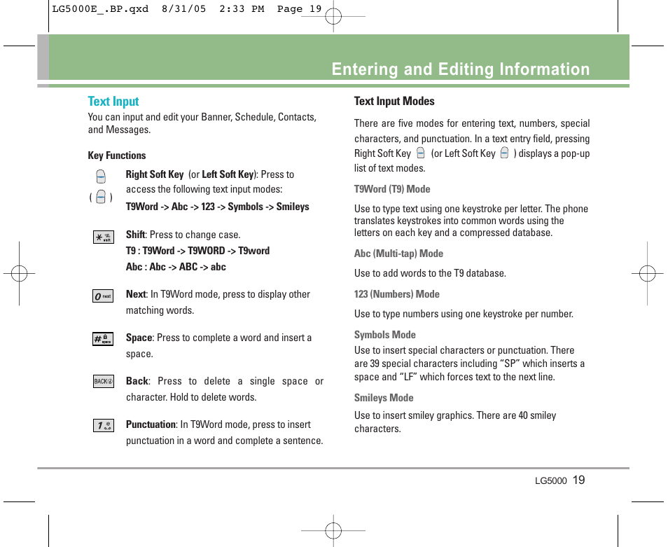 Entering and editing information, Text input | LG 5000 User Manual | Page 20 / 191