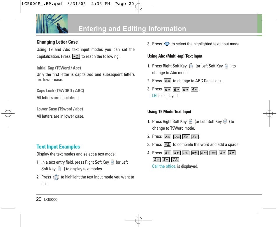 Entering and editing information, Text input examples | LG 5000 User Manual | Page 21 / 191