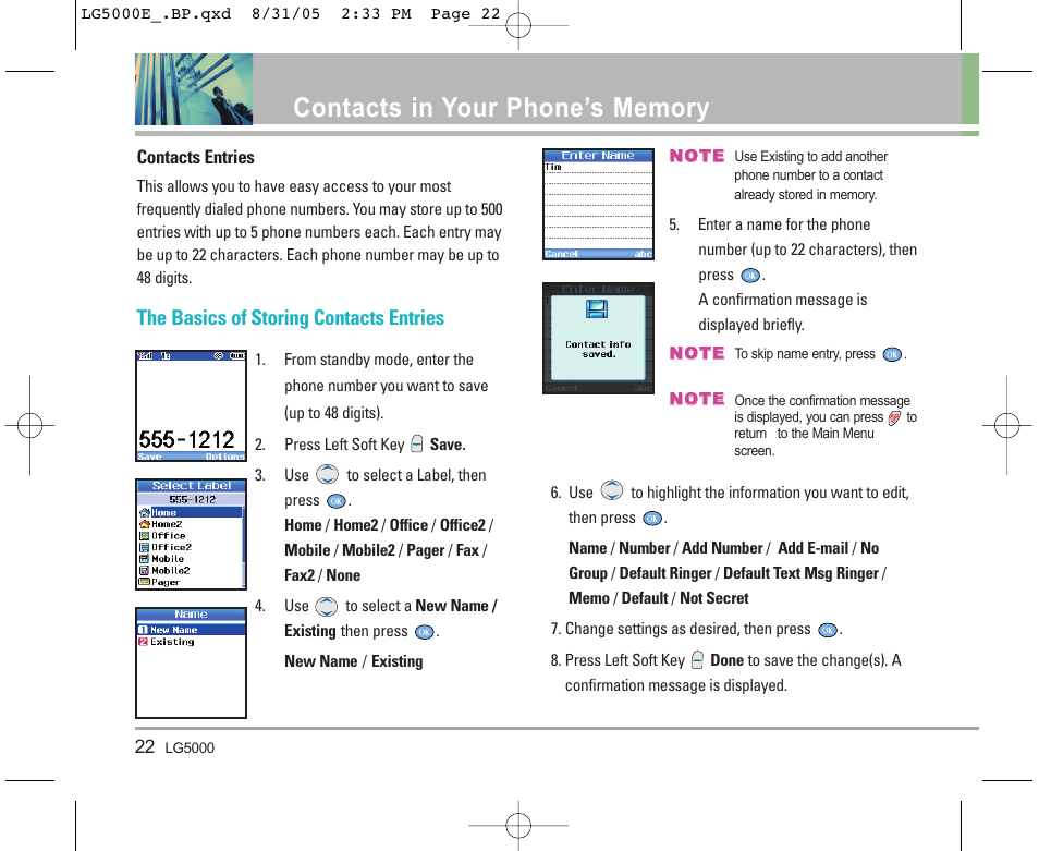 The basics of storing contacts entries | LG 5000 User Manual | Page 23 / 191