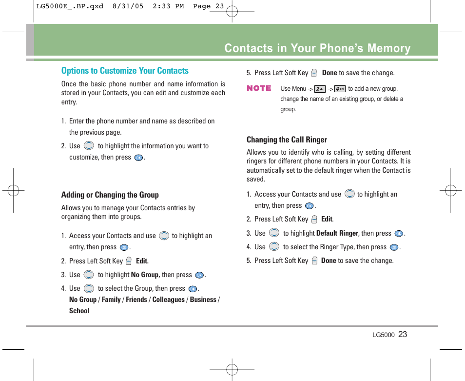 Options to customize your contacts | LG 5000 User Manual | Page 24 / 191