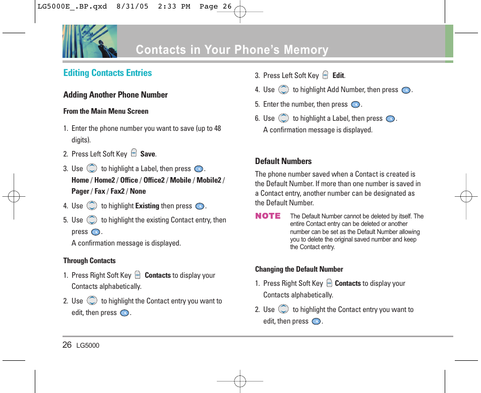 Editing contacts entries | LG 5000 User Manual | Page 27 / 191