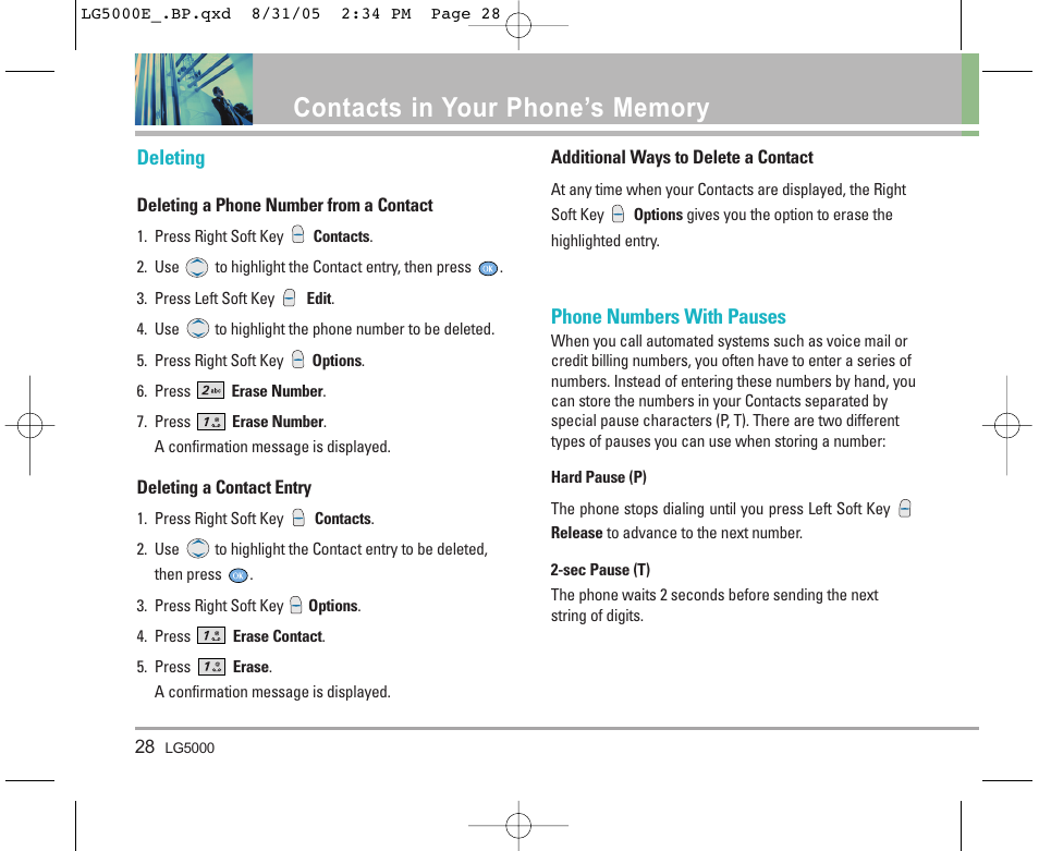 Deleting, Phone numbers with pauses | LG 5000 User Manual | Page 29 / 191