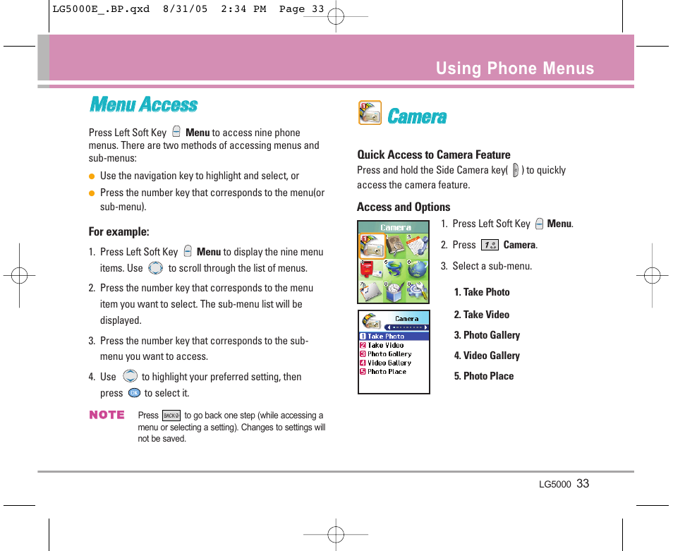 Cca am me erra a, Using phone menus | LG 5000 User Manual | Page 34 / 191