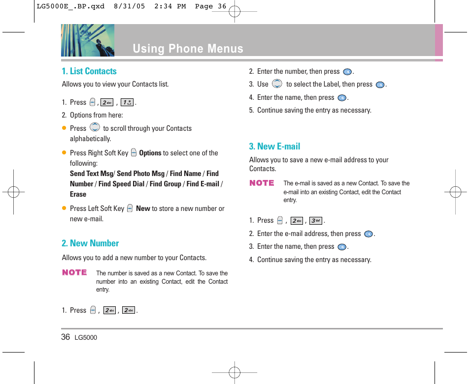 Using phone menus, List contacts, New number | New e-mail | LG 5000 User Manual | Page 37 / 191