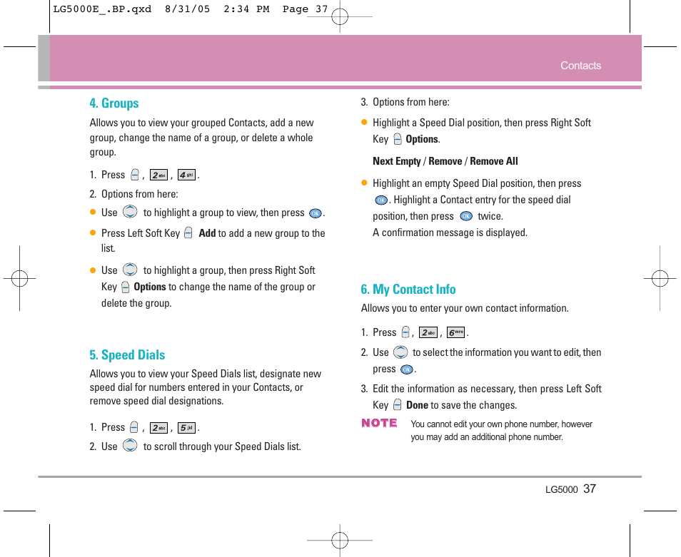 Groups, Speed dials, My contact info | LG 5000 User Manual | Page 38 / 191