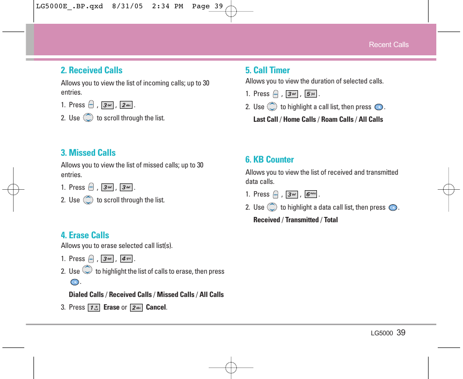 Received calls, Missed calls, Erase calls | Call timer, Kb counter | LG 5000 User Manual | Page 40 / 191