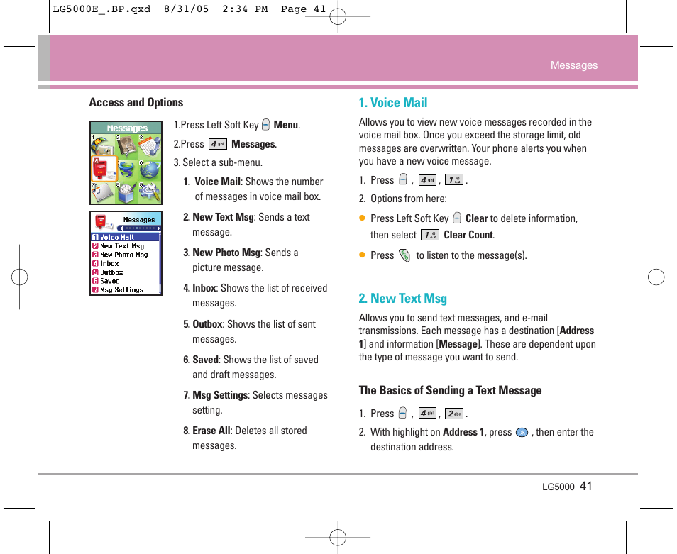 Voice mail, New text msg | LG 5000 User Manual | Page 42 / 191