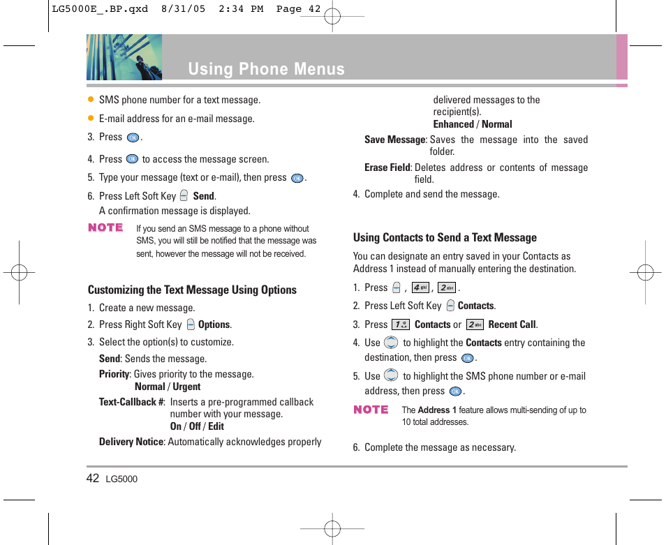 Using phone menus | LG 5000 User Manual | Page 43 / 191