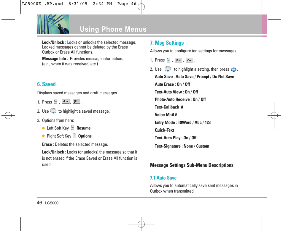 Using phone menus, Saved, Msg settings | LG 5000 User Manual | Page 47 / 191