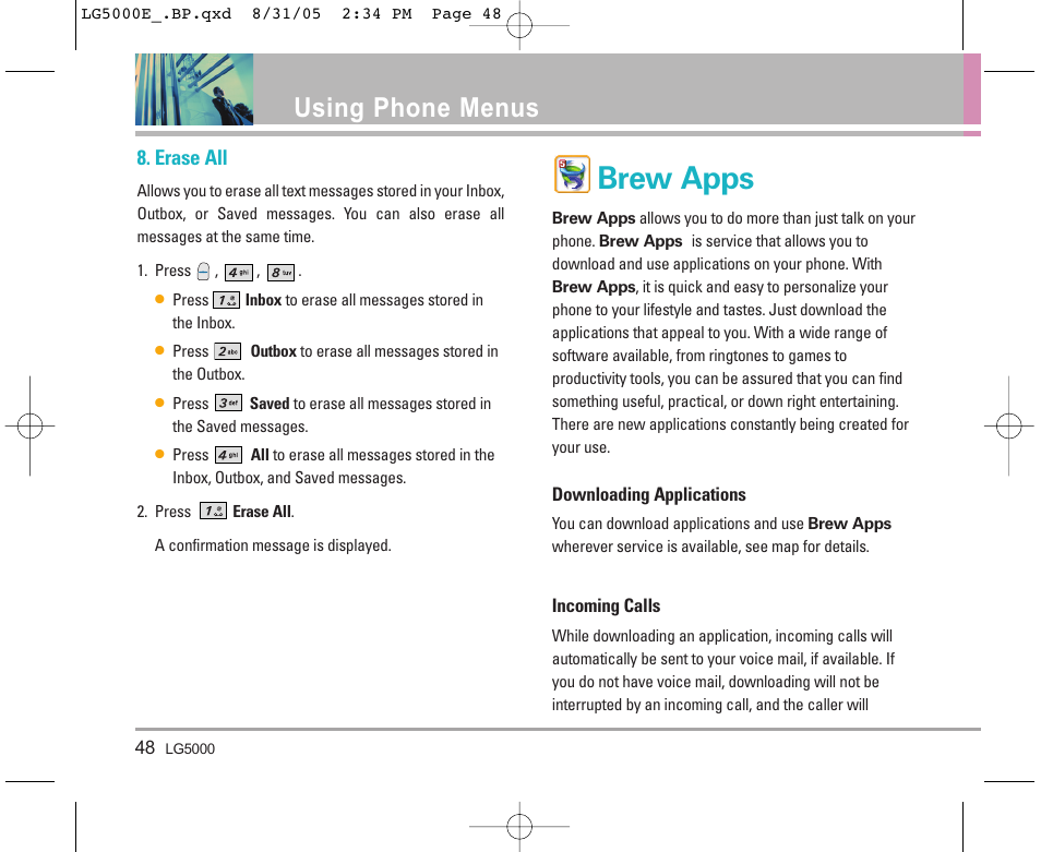 Brew apps, Using phone menus, Erase all | LG 5000 User Manual | Page 49 / 191