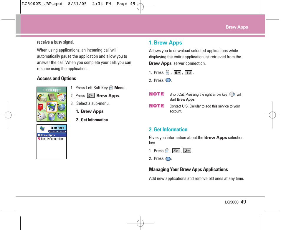 Brew apps, Get information | LG 5000 User Manual | Page 50 / 191