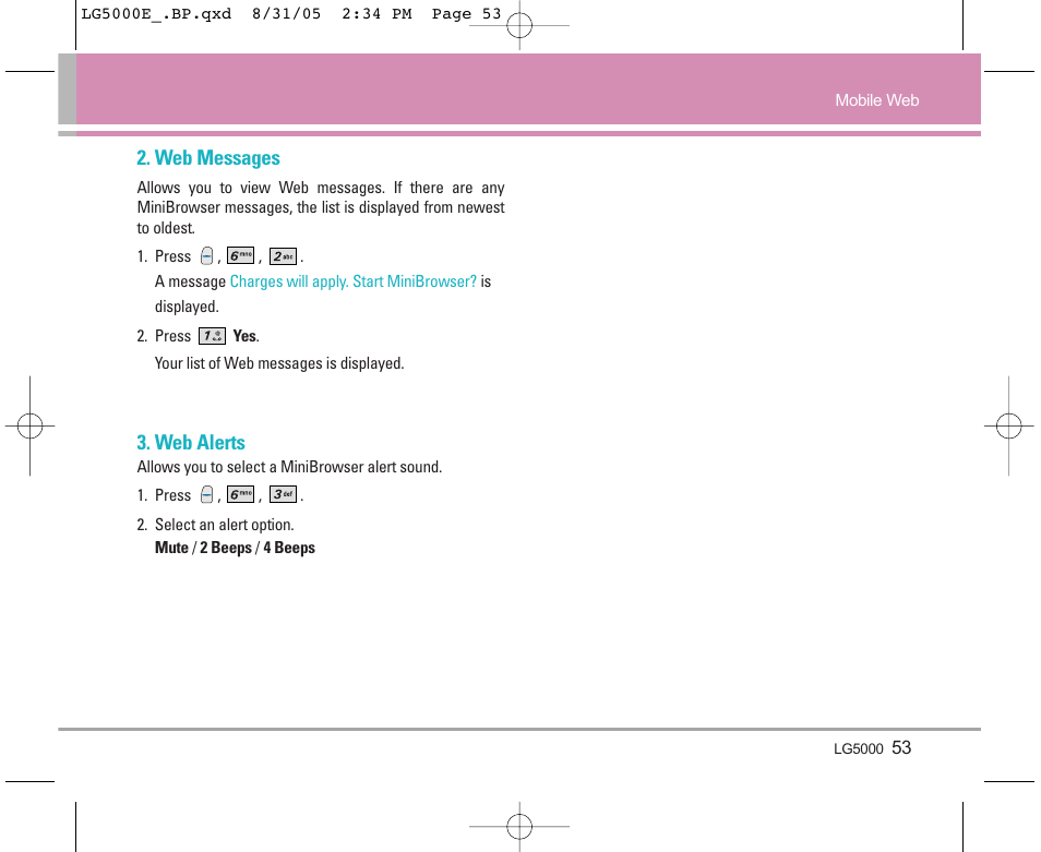 Web messages, Web alerts | LG 5000 User Manual | Page 54 / 191