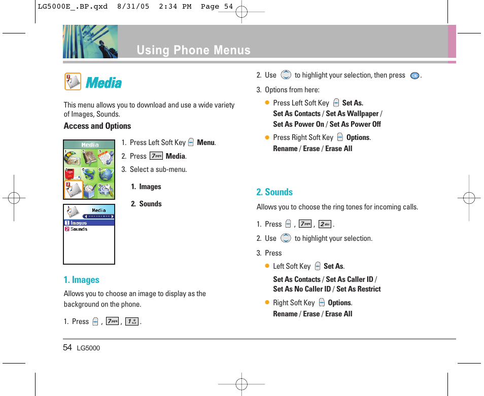 Mme ed diia a, Using phone menus | LG 5000 User Manual | Page 55 / 191