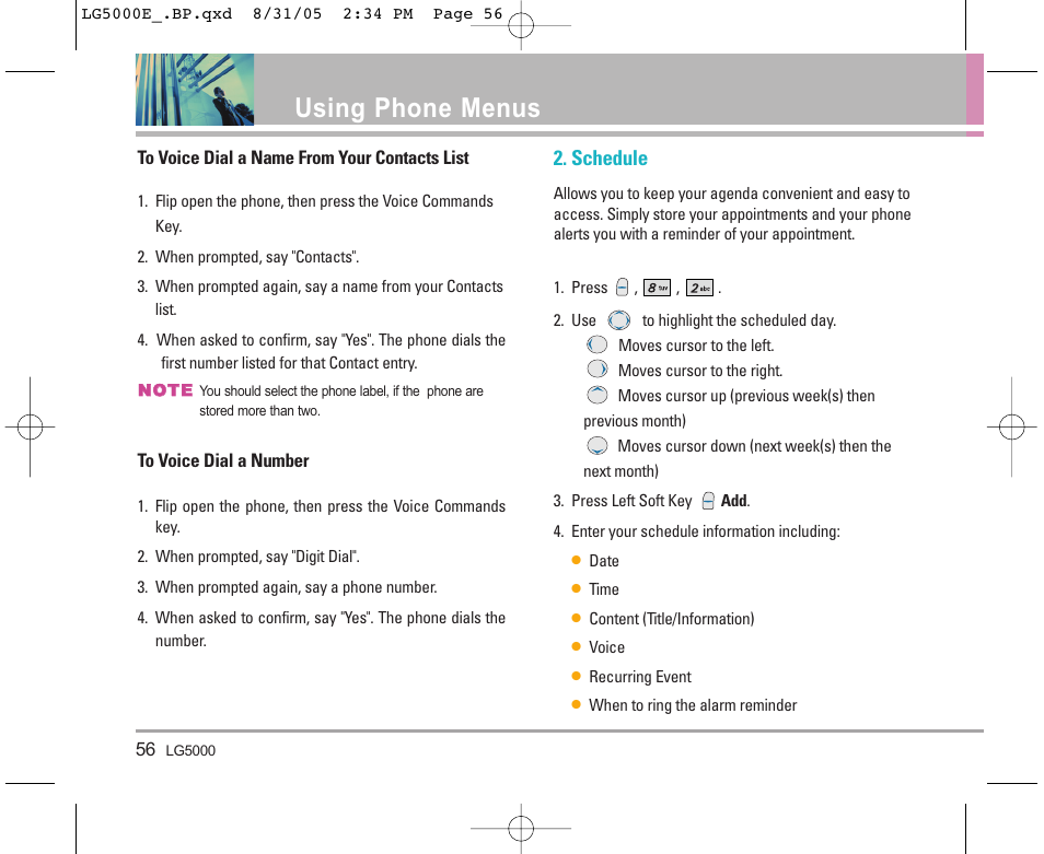 Using phone menus, Schedule | LG 5000 User Manual | Page 57 / 191