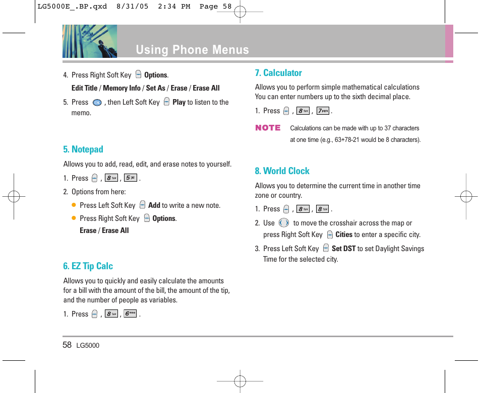 Using phone menus, Ez tip calc, Calculator | World clock | LG 5000 User Manual | Page 59 / 191