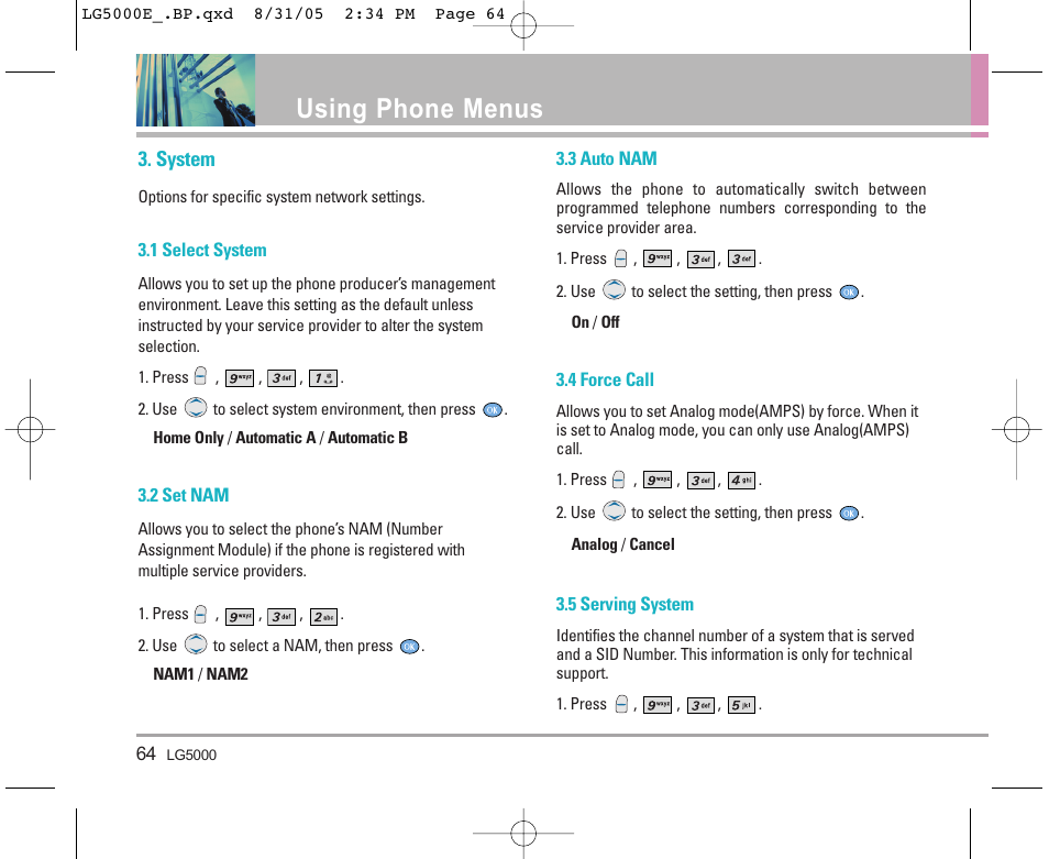 Using phone menus, System | LG 5000 User Manual | Page 65 / 191