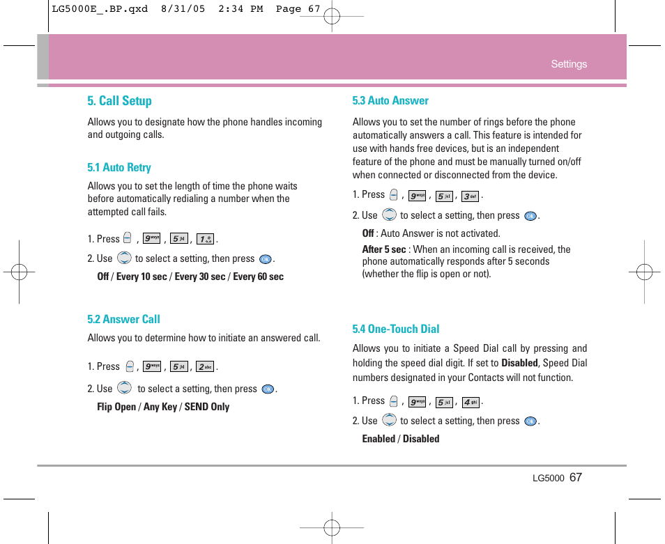 Call setup | LG 5000 User Manual | Page 68 / 191