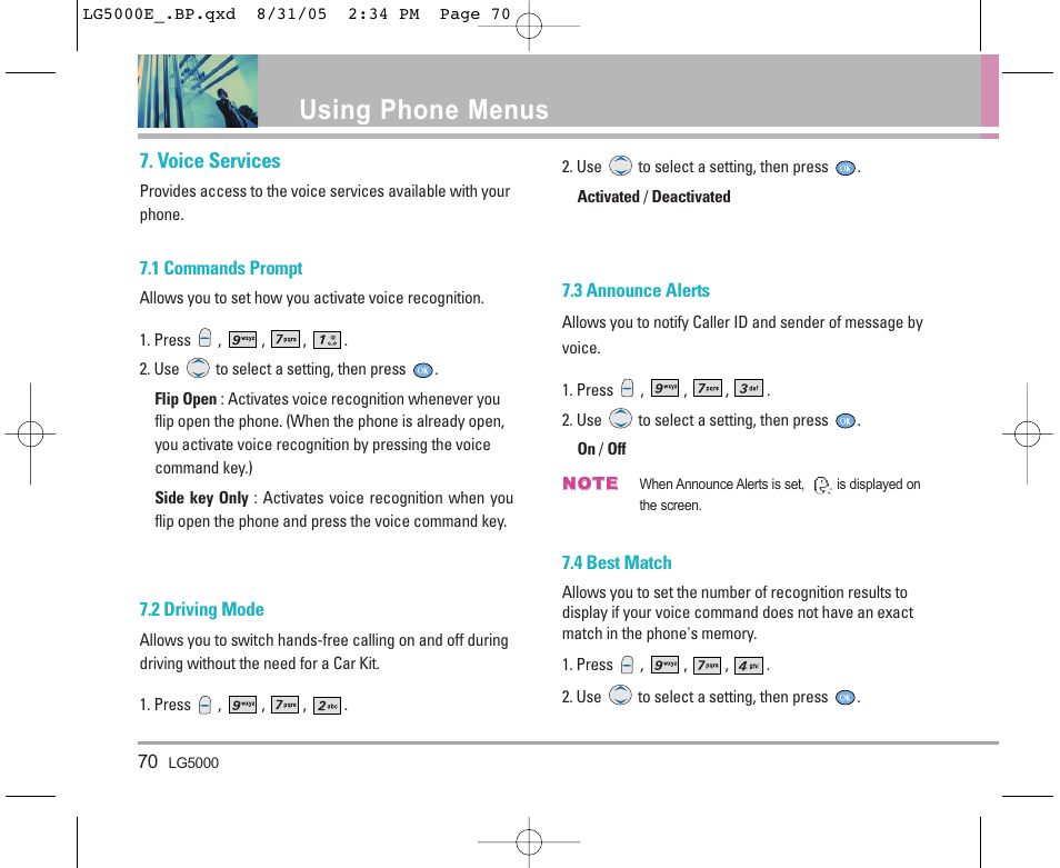 Using phone menus, Voice services | LG 5000 User Manual | Page 71 / 191