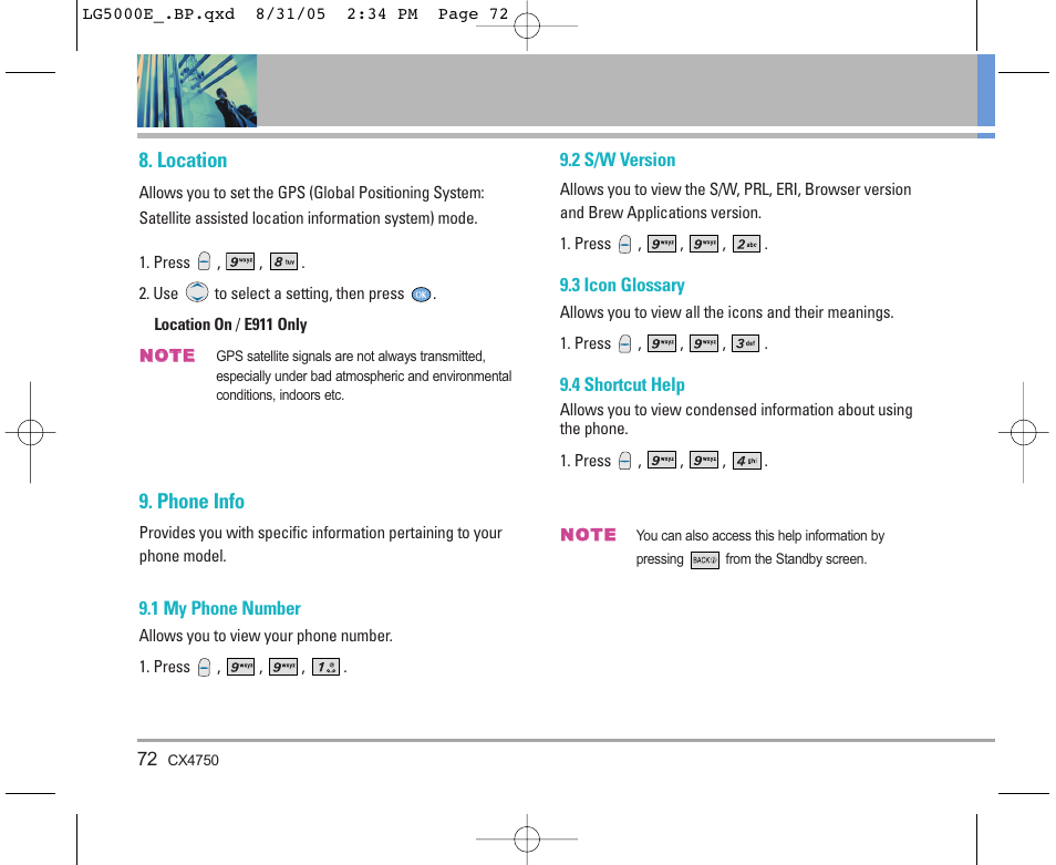 Location, Phone info | LG 5000 User Manual | Page 73 / 191