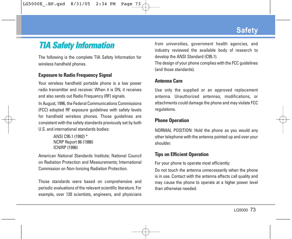 Safety | LG 5000 User Manual | Page 74 / 191