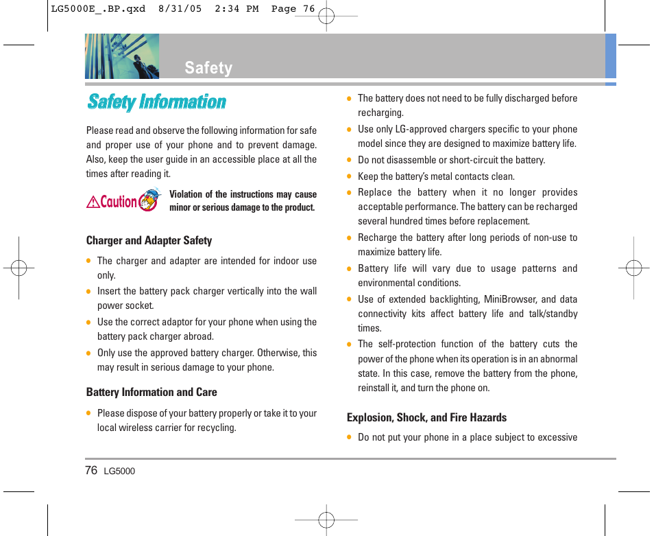 Ssa affe ettyy iin nffo orrm ma attiio on n, Safety, Caution | LG 5000 User Manual | Page 77 / 191