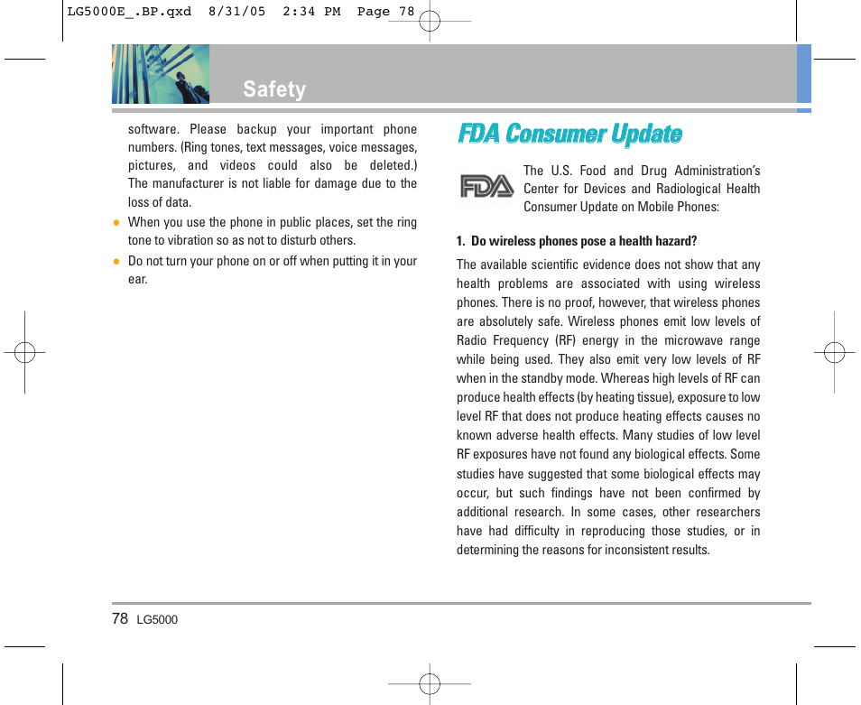 Ffd da a c co on nssu um me err u up pd da atte e, Safety | LG 5000 User Manual | Page 79 / 191