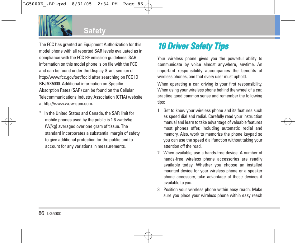 1100 d drriivve err s sa affe ettyy t tiip pss, Safety | LG 5000 User Manual | Page 87 / 191