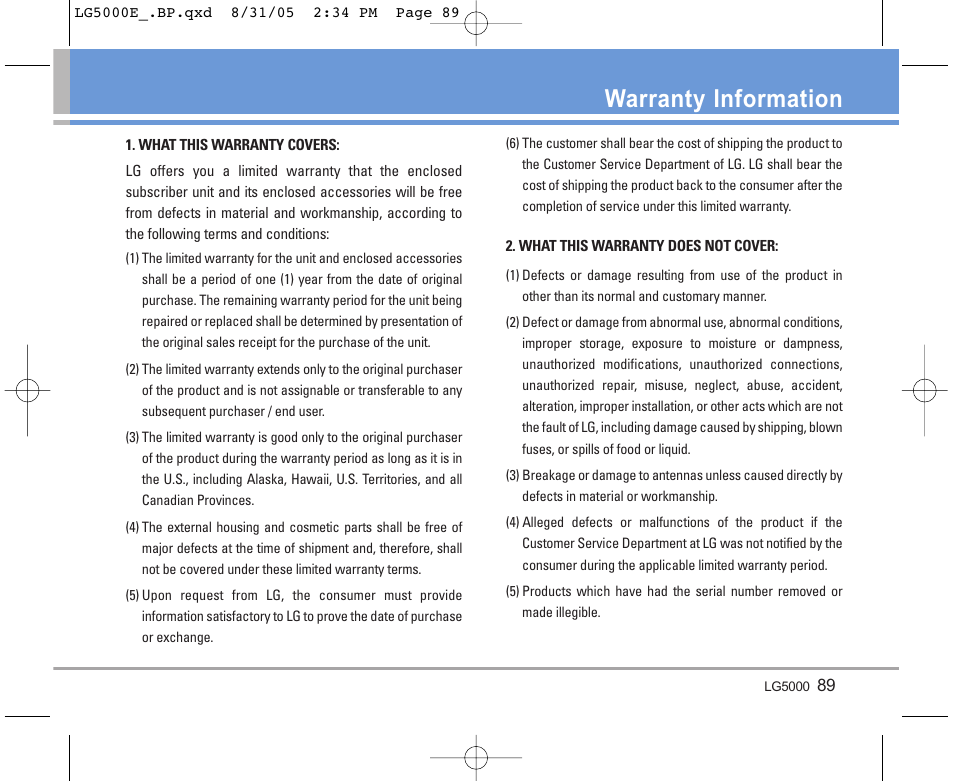 Warranty information | LG 5000 User Manual | Page 90 / 191