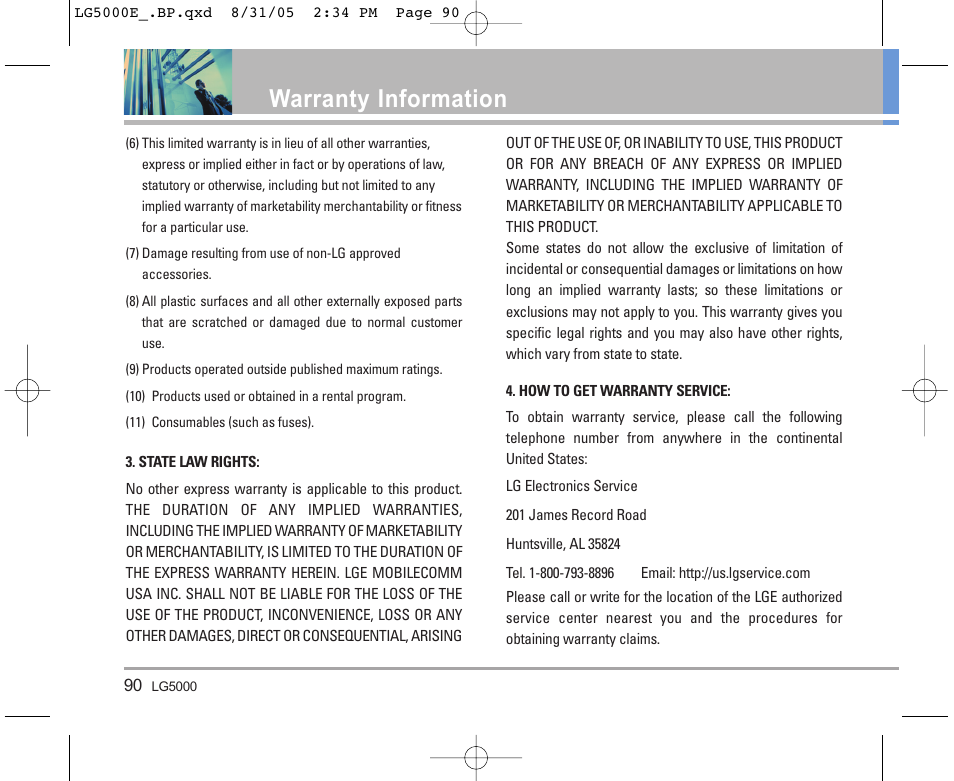 Warranty information | LG 5000 User Manual | Page 91 / 191