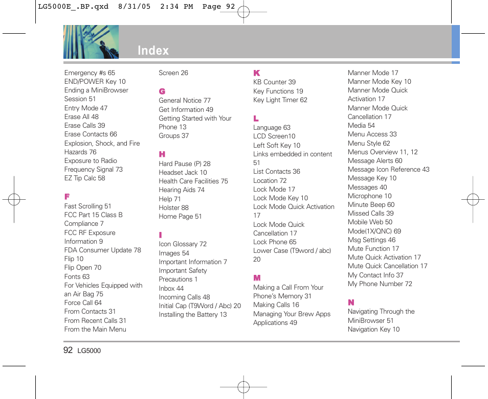 Index | LG 5000 User Manual | Page 93 / 191