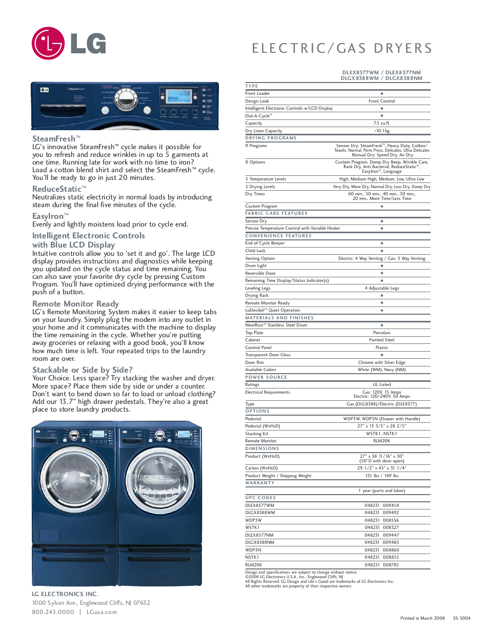 Steamfresh, Reducestatic, Easyiron | Remote monitor ready, Stackable or side by side, Lg's innovative steamfresh, Cycle. you'll be ready to go in just 20 minutes | LG DX8388NM User Manual | Page 2 / 2