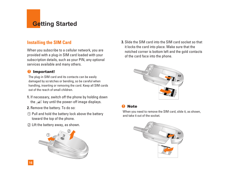 Getting started, Installing the sim card | LG C1300i User Manual | Page 16 / 96