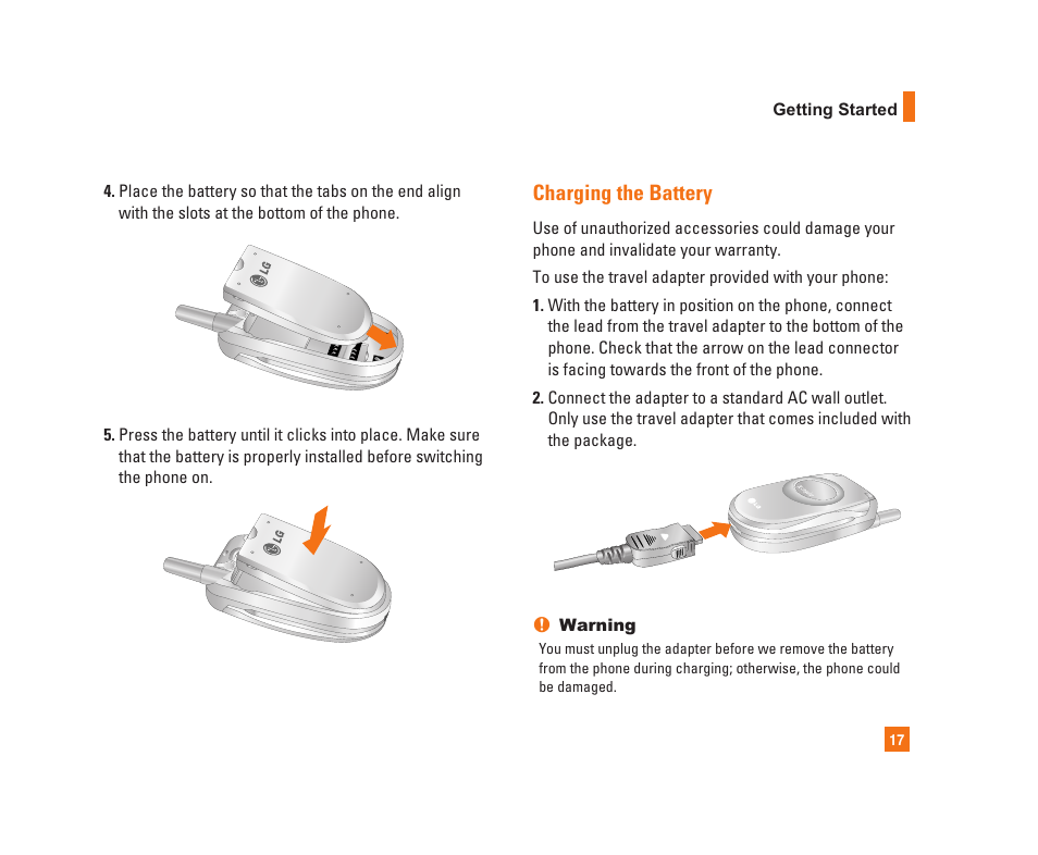 Charging the battery | LG C1300i User Manual | Page 17 / 96