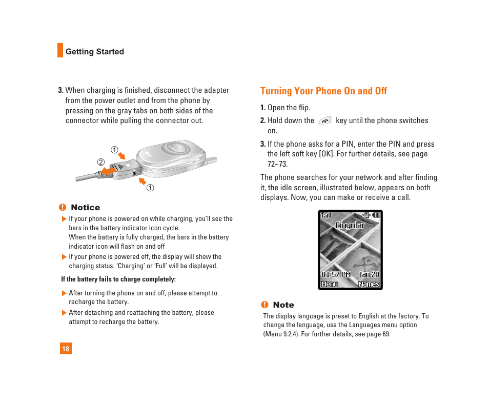 Turning your phone on and off | LG C1300i User Manual | Page 18 / 96