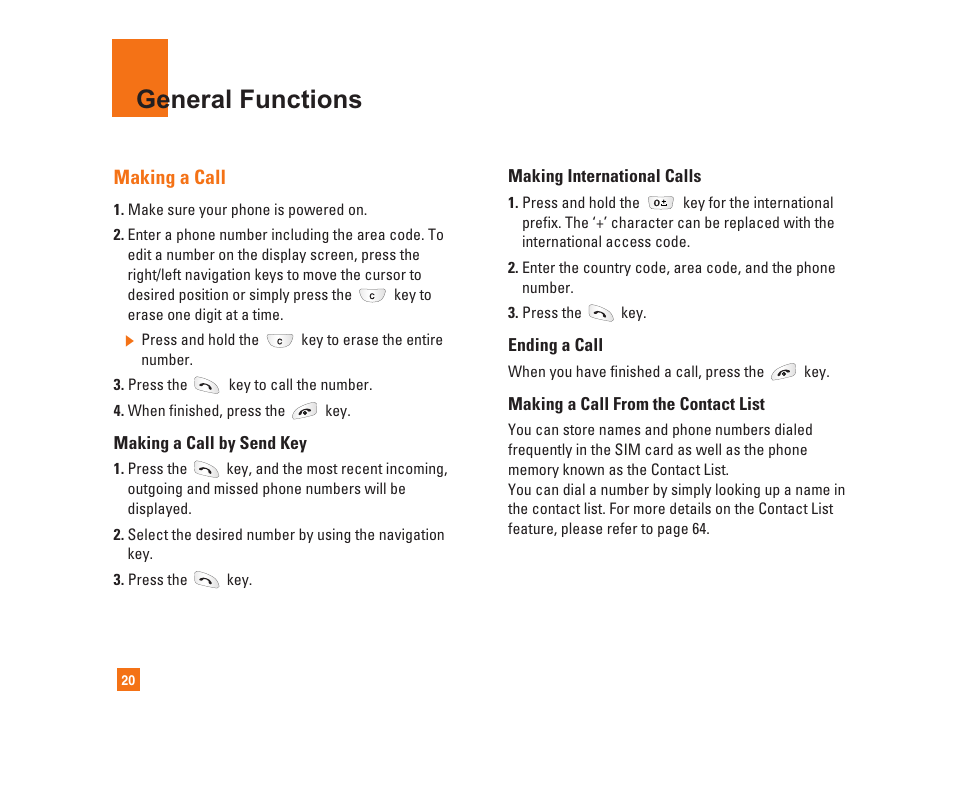 General functions, Making a call | LG C1300i User Manual | Page 20 / 96