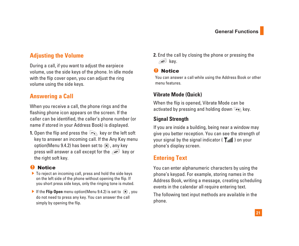 Adjusting the volume, Answering a call, Entering text | LG C1300i User Manual | Page 21 / 96