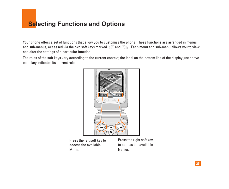 Selecting functions and options | LG C1300i User Manual | Page 25 / 96