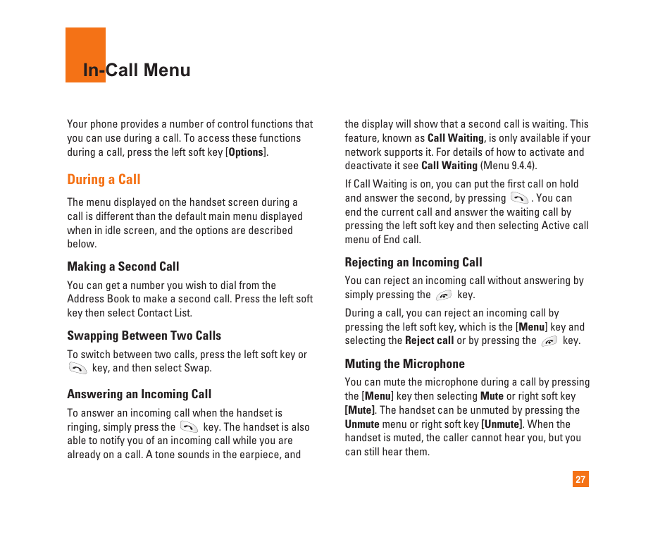 In-call menu | LG C1300i User Manual | Page 27 / 96