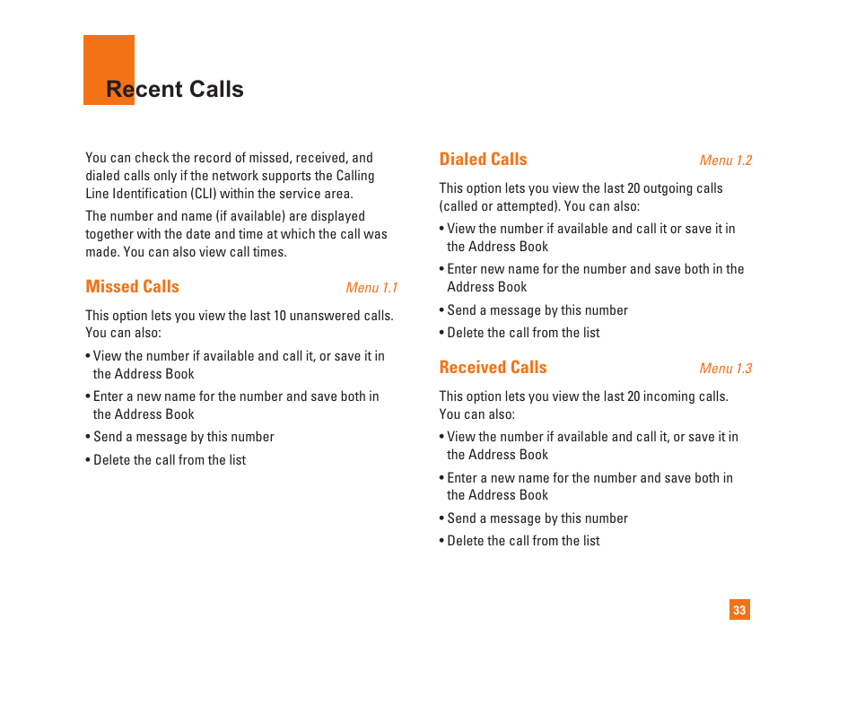 Recent calls | LG C1300i User Manual | Page 33 / 96