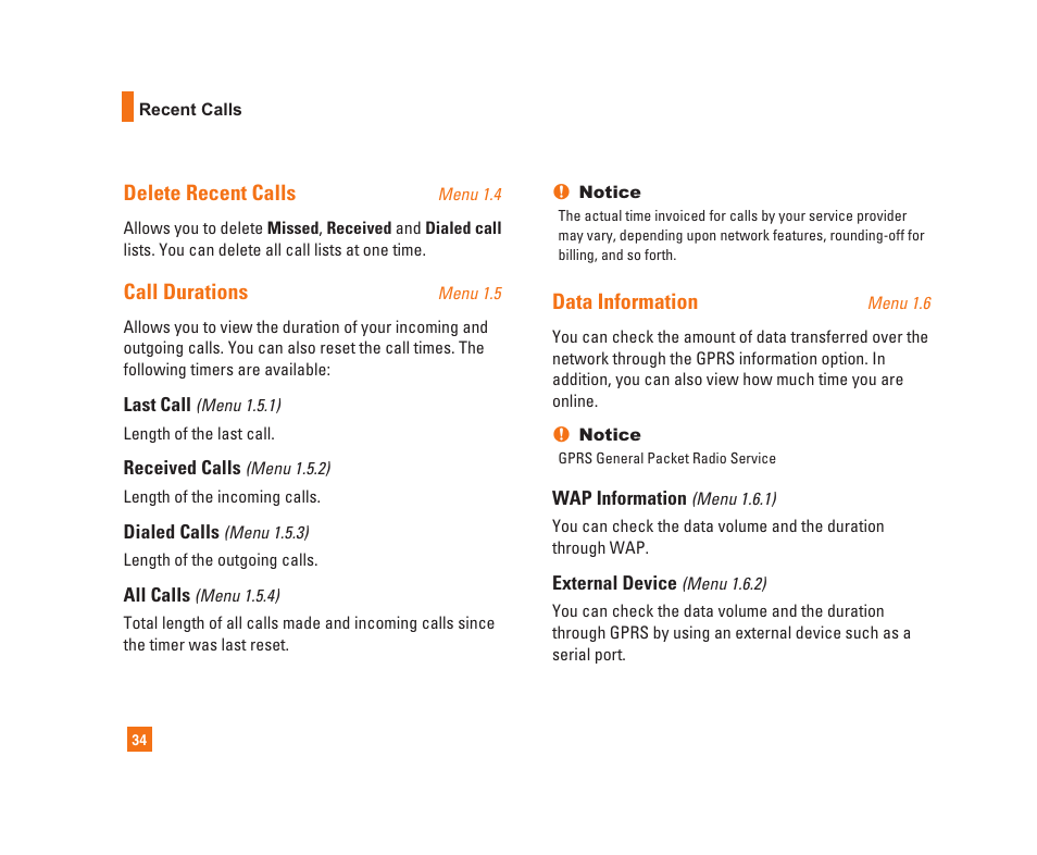 Delete recent calls, Call durations, Data information | LG C1300i User Manual | Page 34 / 96