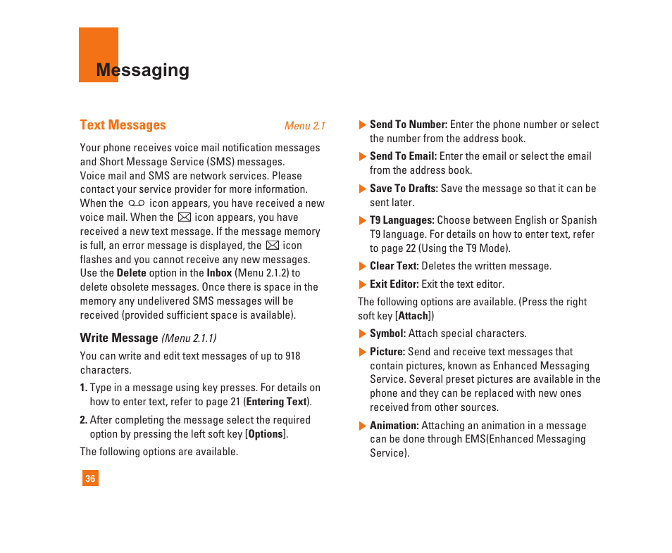 Messaging, Text messages | LG C1300i User Manual | Page 36 / 96