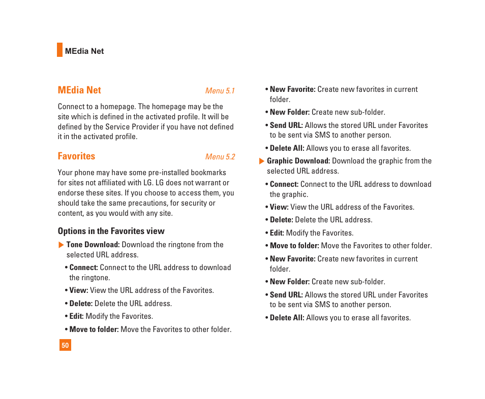 Media net, Favorites | LG C1300i User Manual | Page 50 / 96