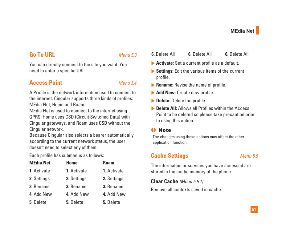 Go to url, Access point, Cache settings | LG C1300i User Manual | Page 51 / 96