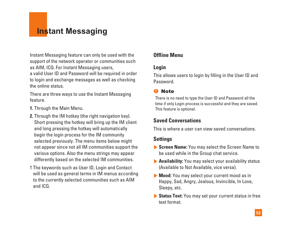 Instant messaging | LG C1300i User Manual | Page 53 / 96