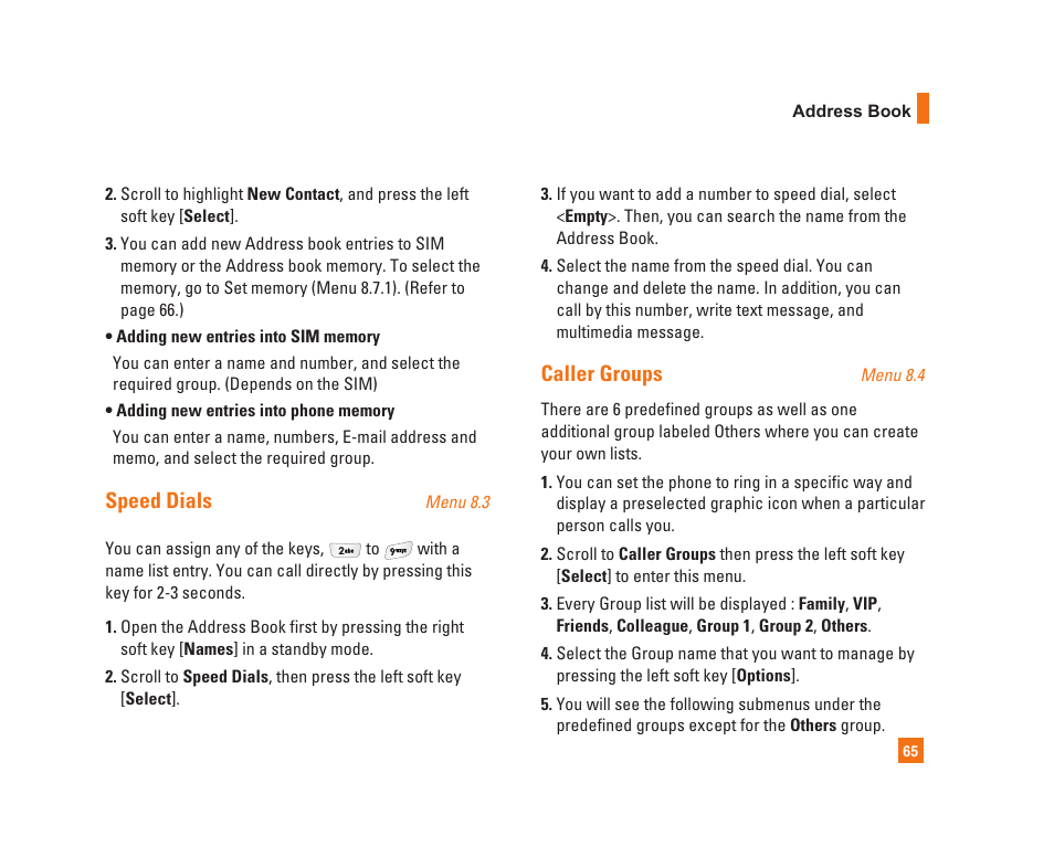 Speed dials, Caller groups | LG C1300i User Manual | Page 65 / 96