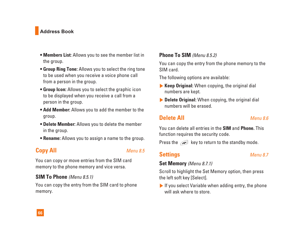 Copy all, Delete all, Settings | LG C1300i User Manual | Page 66 / 96