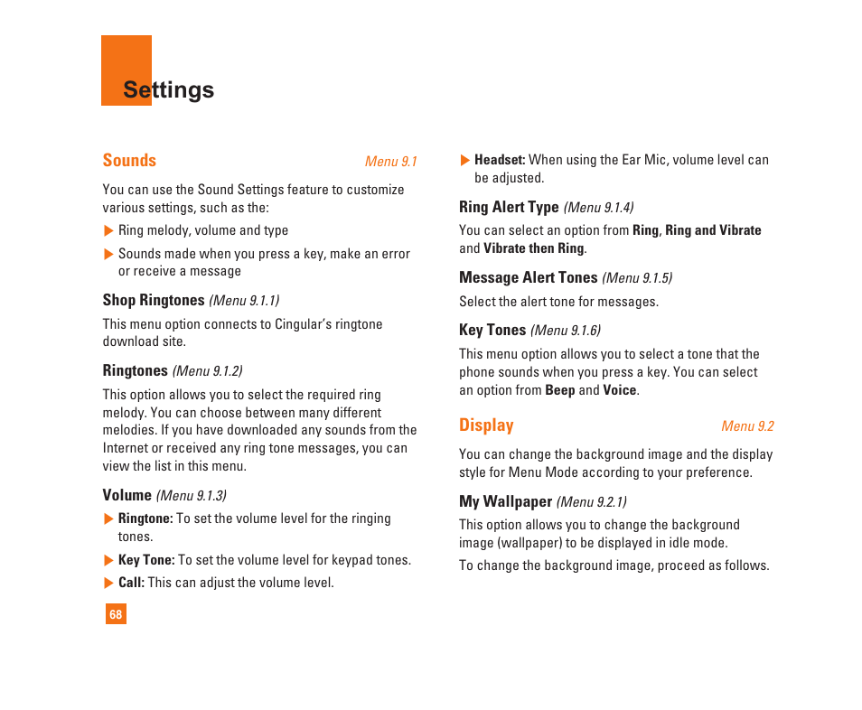 Settings | LG C1300i User Manual | Page 68 / 96