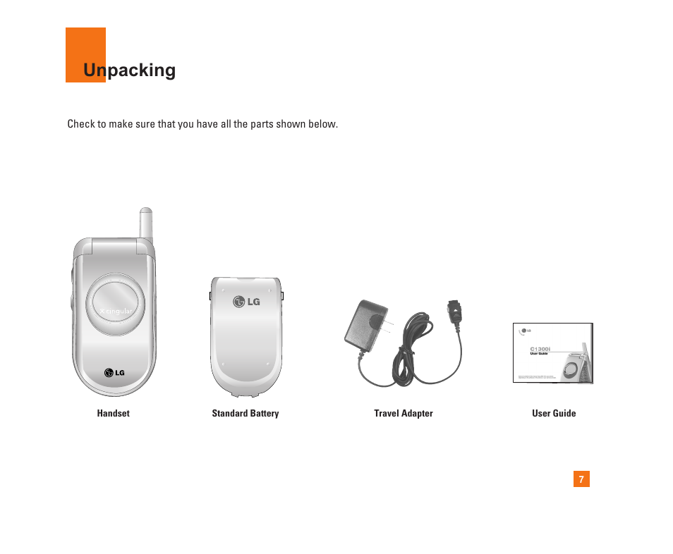 Unpacking | LG C1300i User Manual | Page 7 / 96